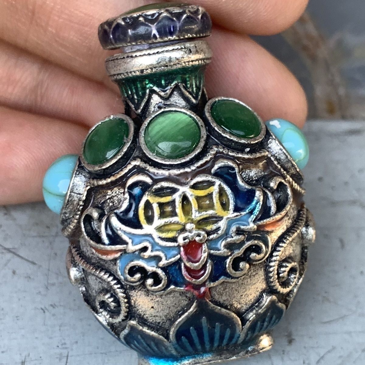 Vintage Collectible Bottles - Vintage Emaye İşi Bronz Enfiye Şişesi,